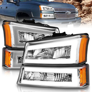 ANZO 2003-2006 Chevrolet Silverado 1500 Crystal Headlights w/ Light Bar Chrome Housing