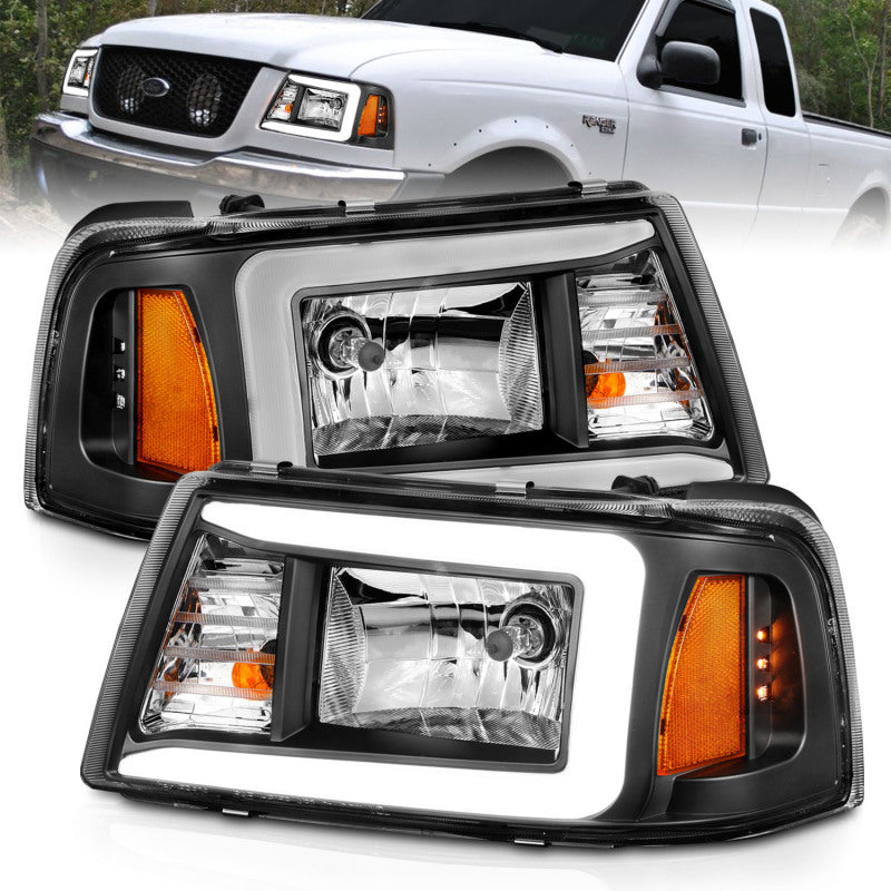 ANZO 2001-2011 Ford Ranger Crystal Headlights w/ Light Bar Black Housing